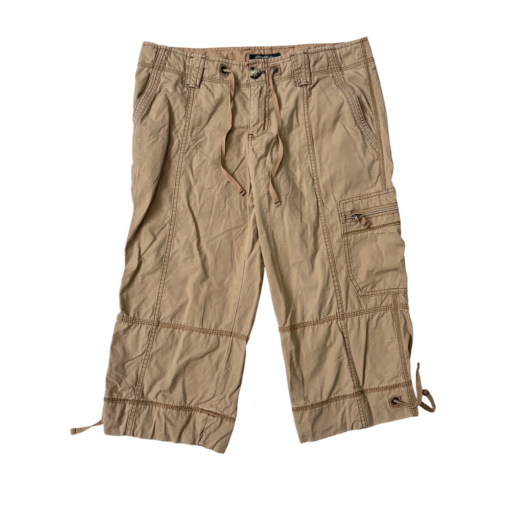 Eddie Bauer Vintage Granola Tan Khaki Ripstop Cargo Capri Pants Petite 10  Crop